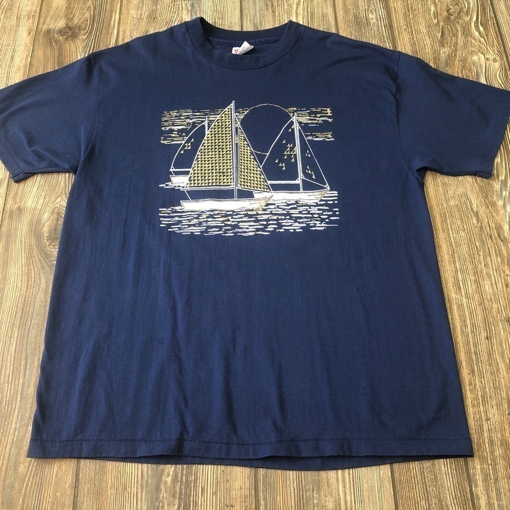 NAVY Blue Gold Glitter Sailboat Short Sleeve Tee Large Shirt Vintage